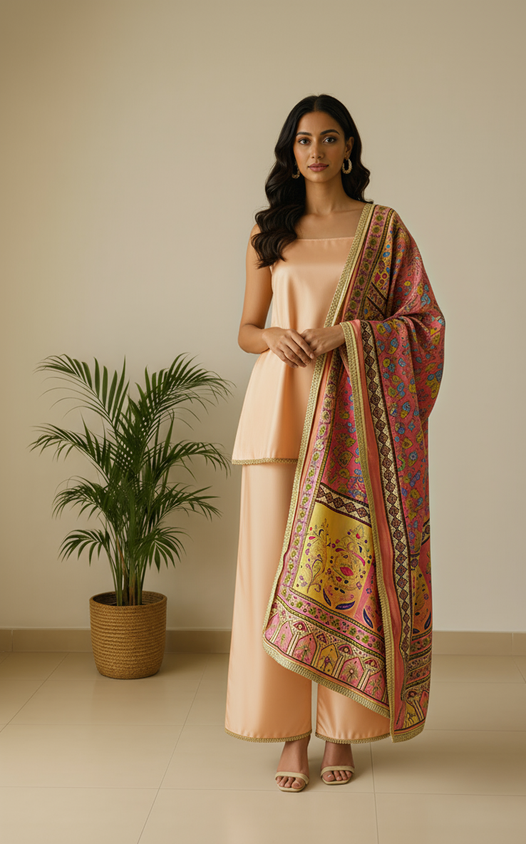 Ethereal Pastel Peach Kurta Set with Luxe Dupatta