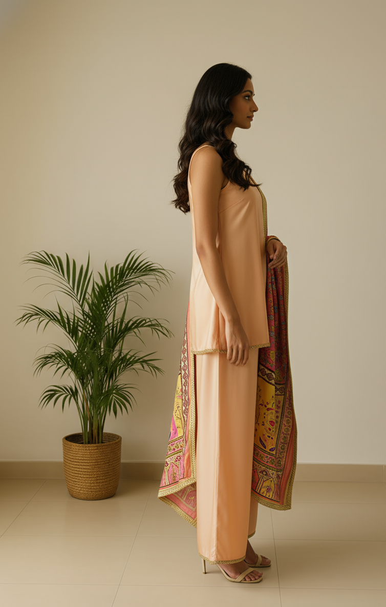Ethereal Pastel Peach Kurta Set with Luxe Dupatta