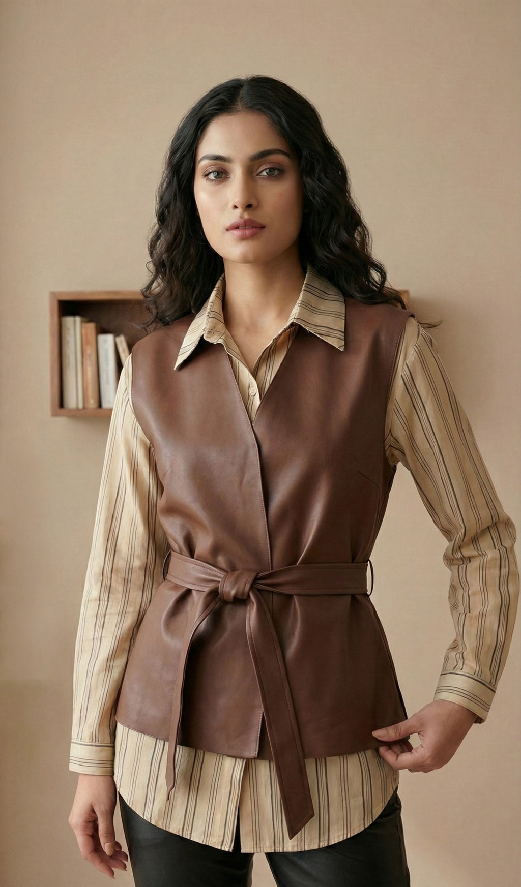 Layered Elegance Shirt & Tie-Up Wrap Leather Top