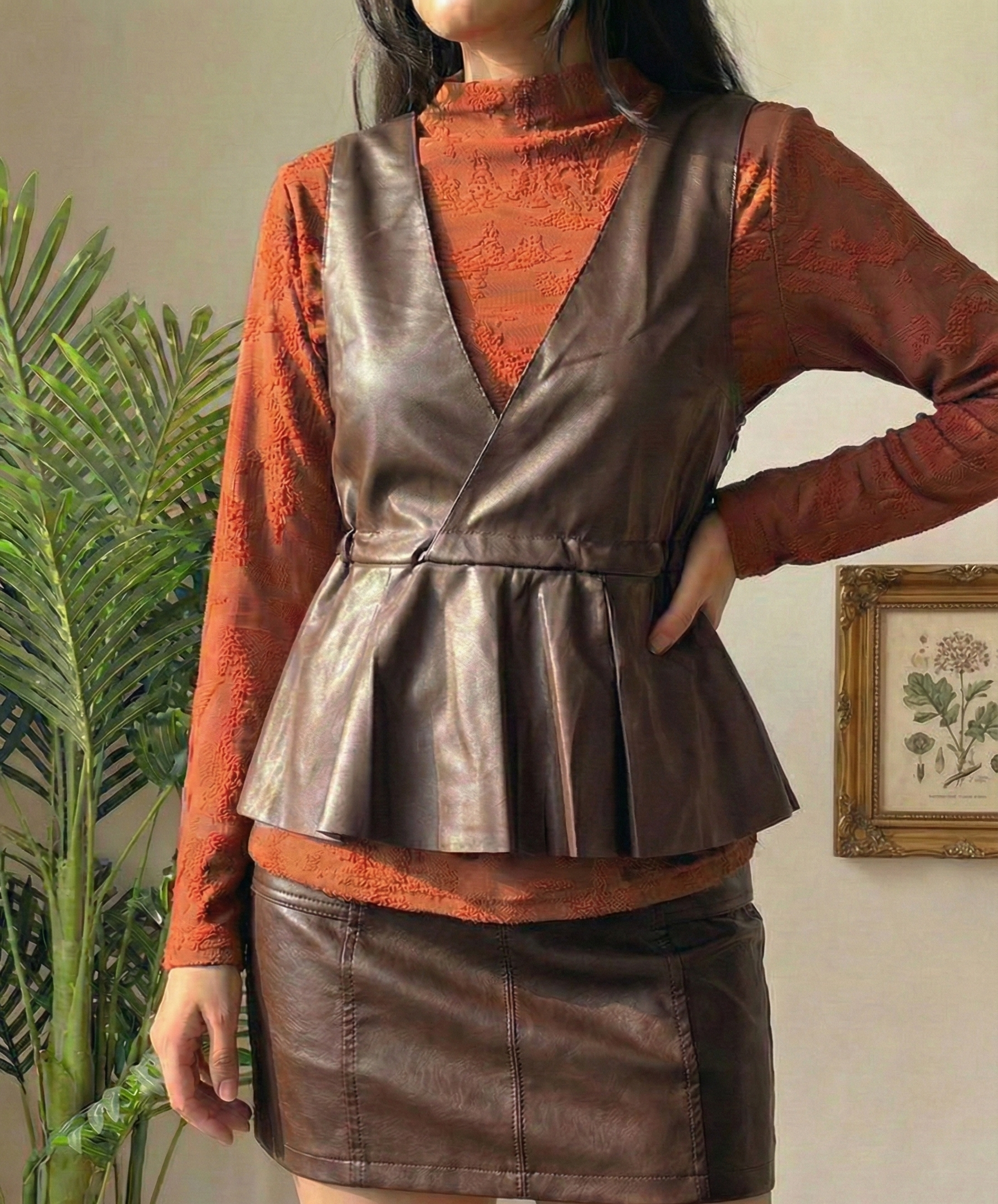 Layered Elegance Peplum Top with Embossed High Neck