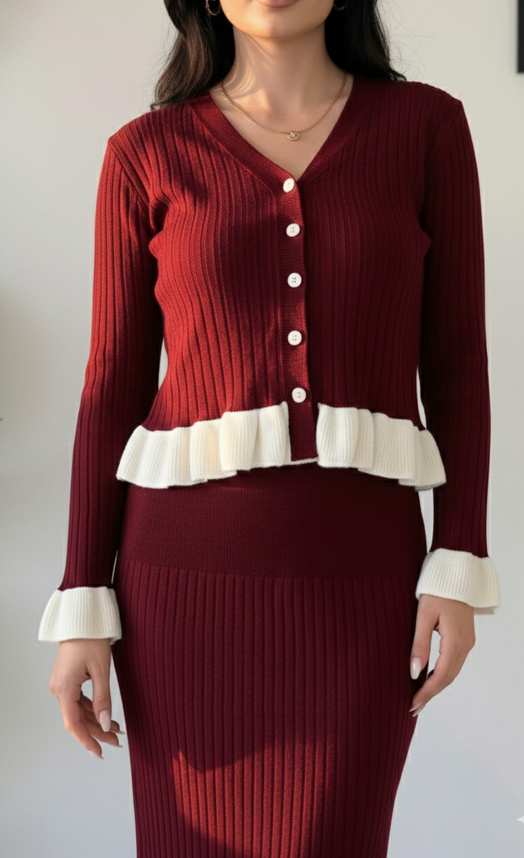 Crimson Ruffle Elegance Ribbed Co-ord Dress Set – Premium Knit Edition