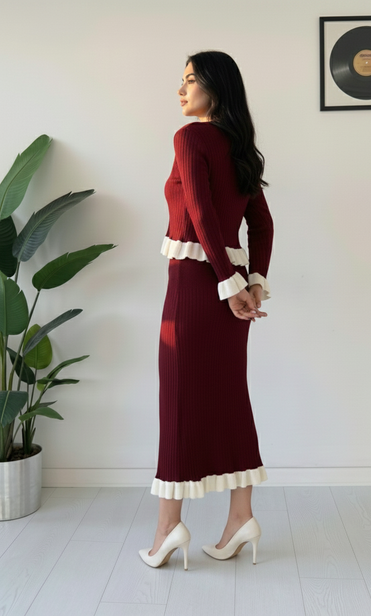 Crimson Ruffle Elegance Ribbed Co-ord Dress Set – Premium Knit Edition