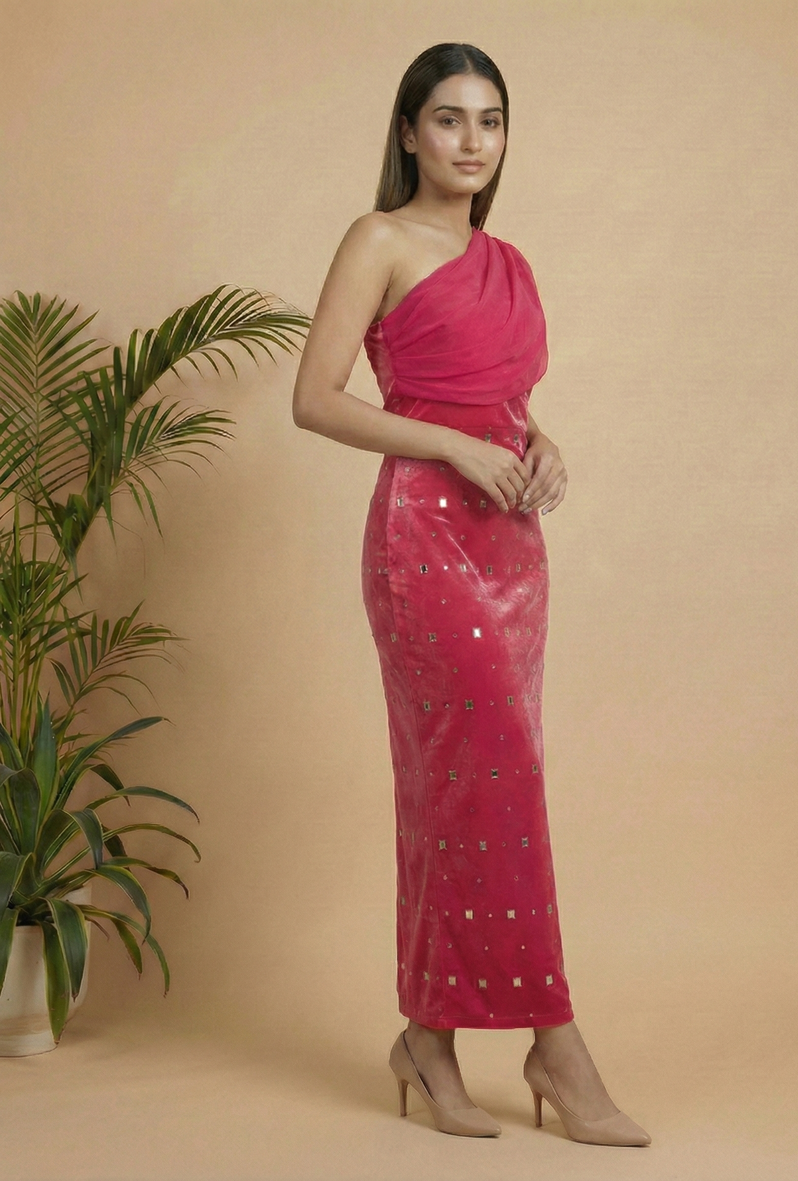 Fuchsia One-Shoulder Velvet Dress