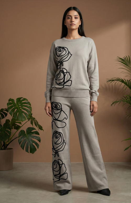 Artistic Rose Embroidery Knit Coord Set