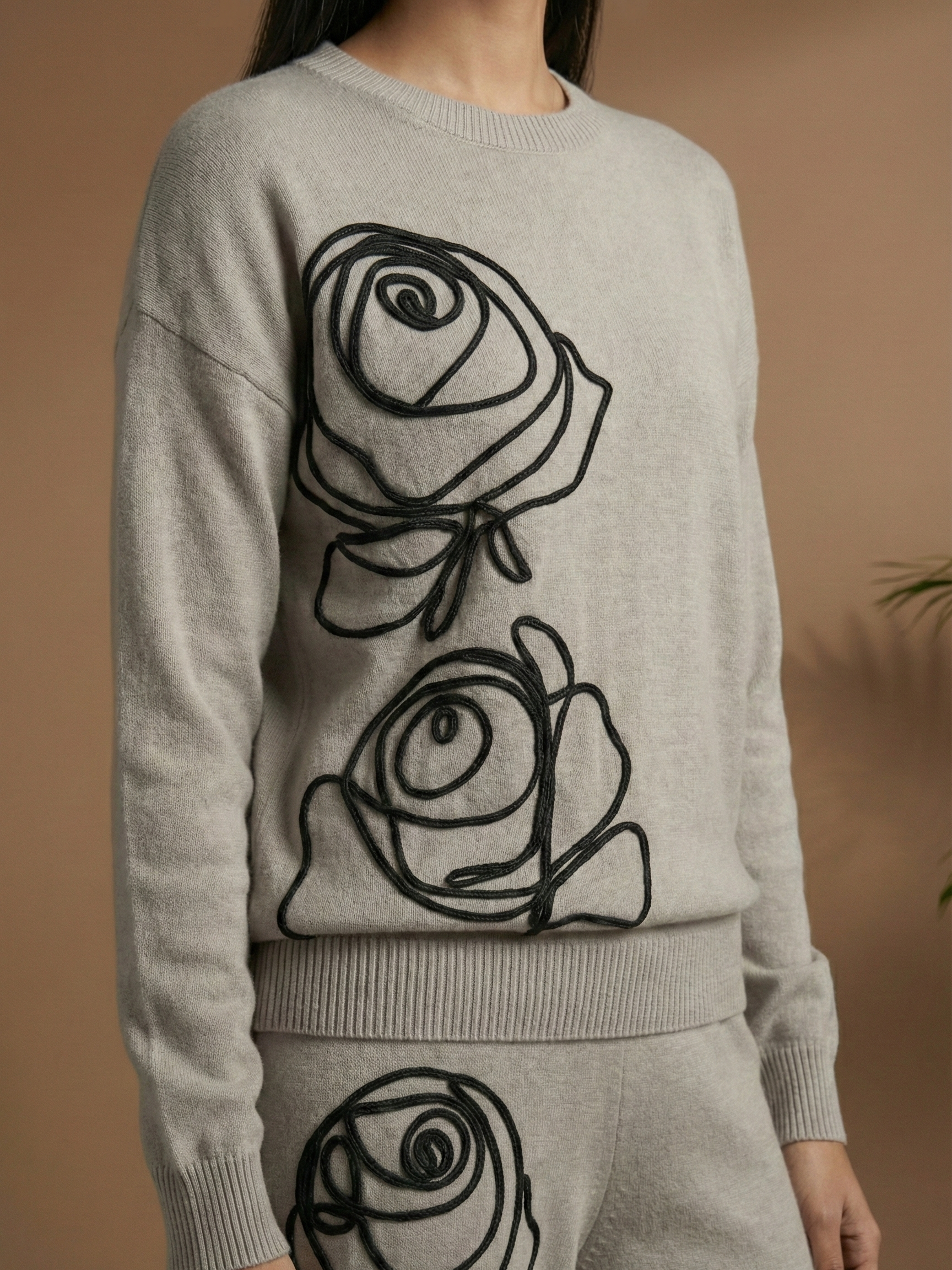 Artistic Rose Embroidery Knit Coord Set
