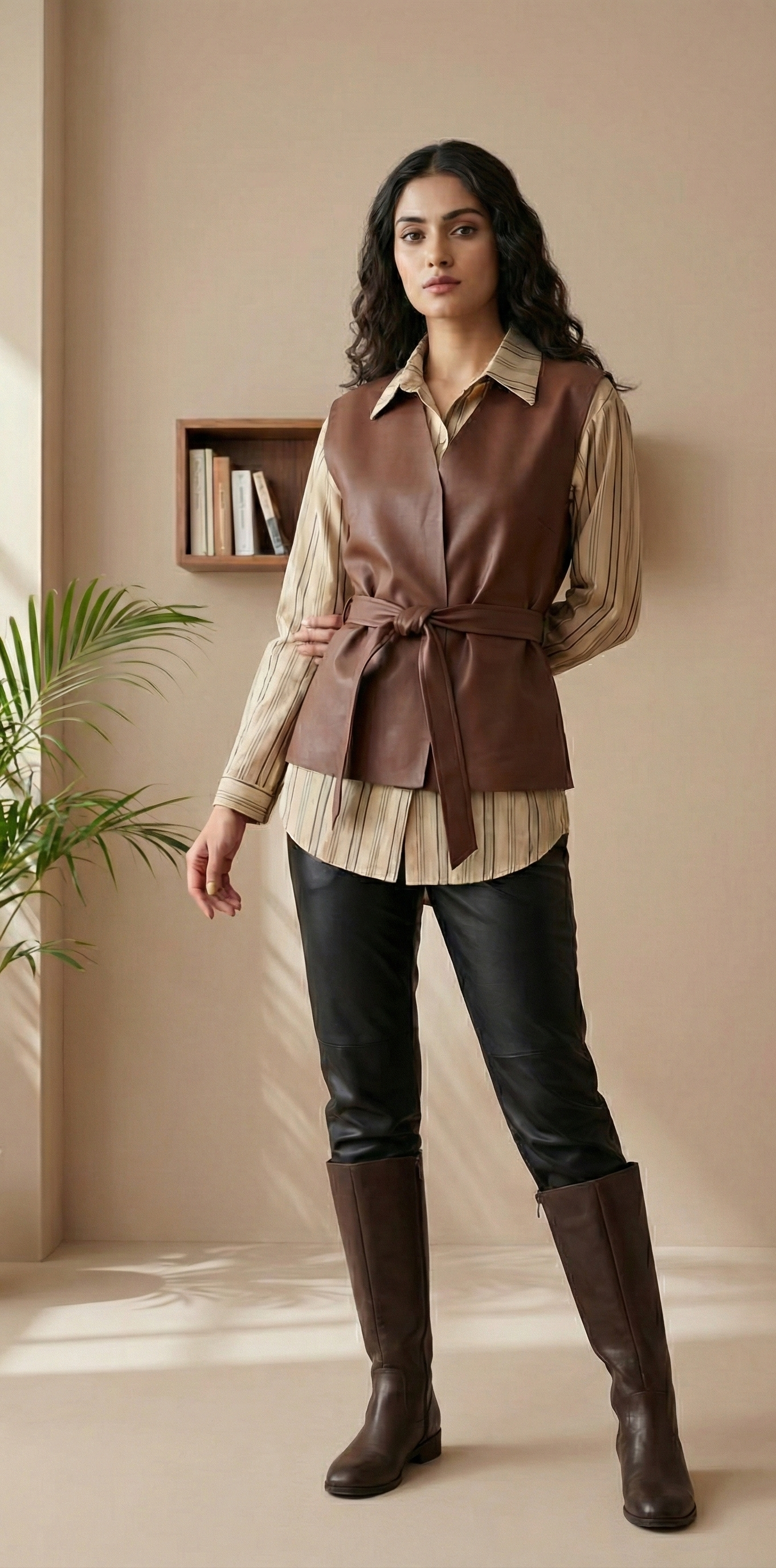 Layered Elegance Shirt & Tie-Up Wrap Leather Top