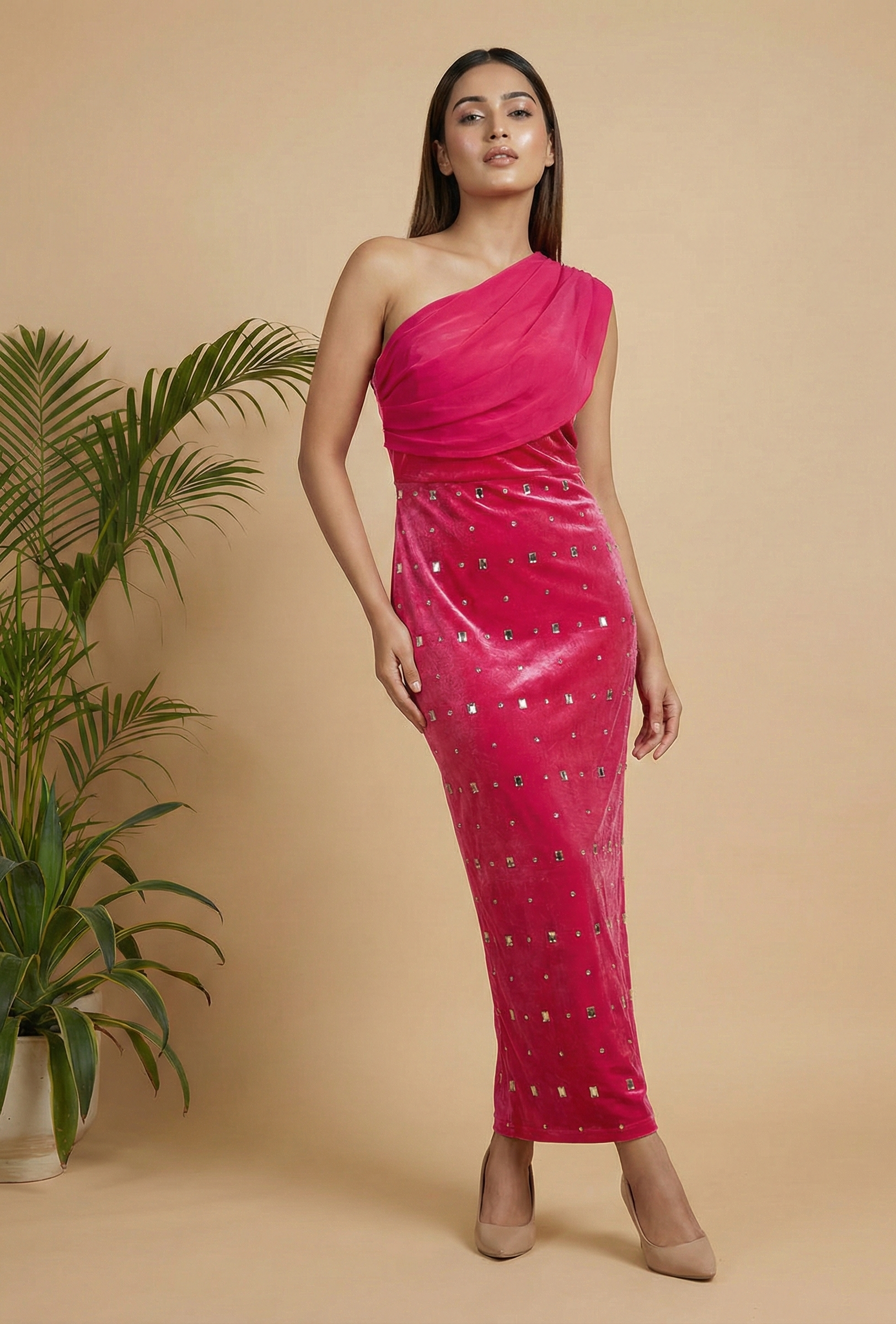 Fuchsia One-Shoulder Velvet Dress