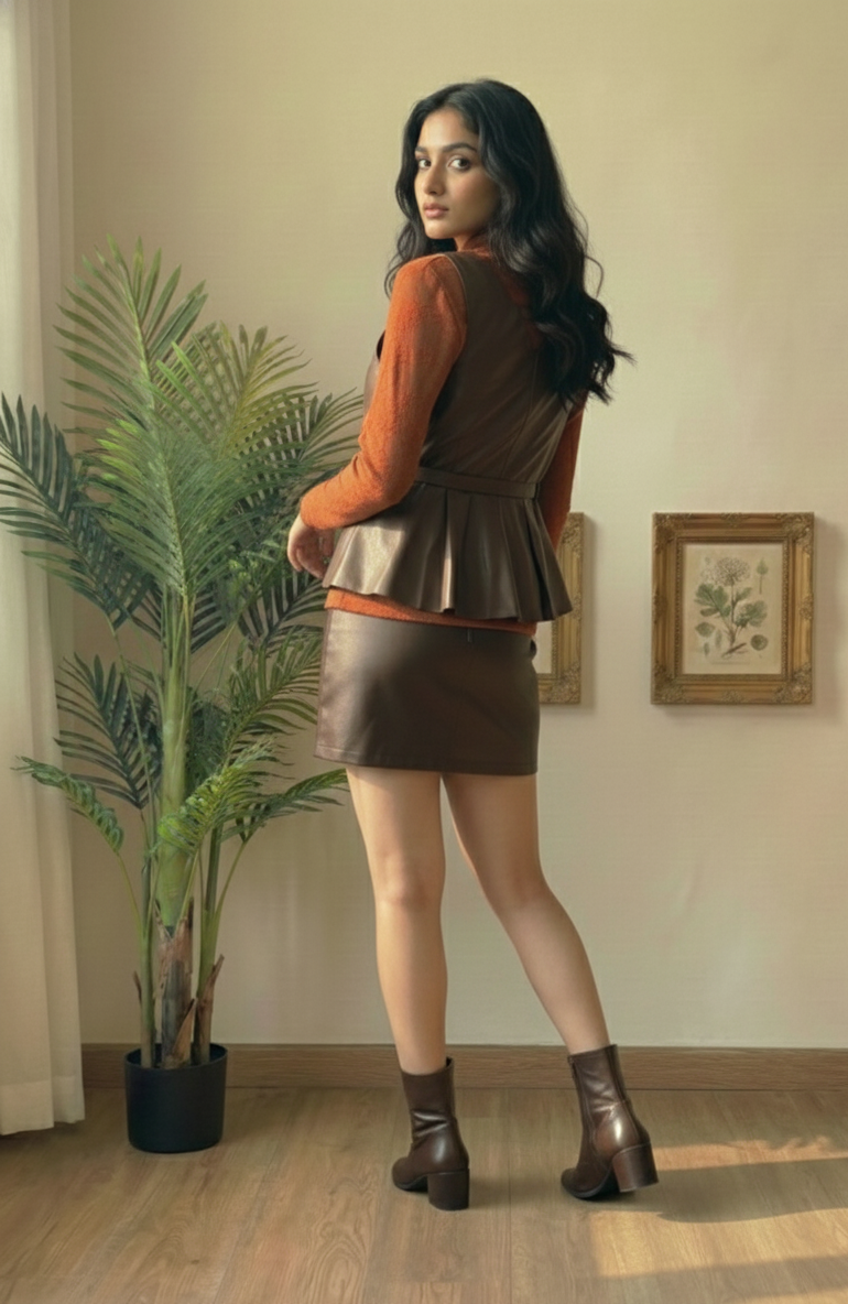 Layered Elegance Peplum Top with Embossed High Neck