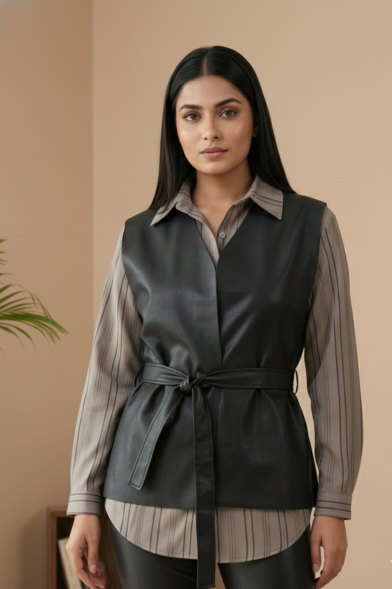 Layered Elegance Shirt & Tie-Up Wrap Leather Top