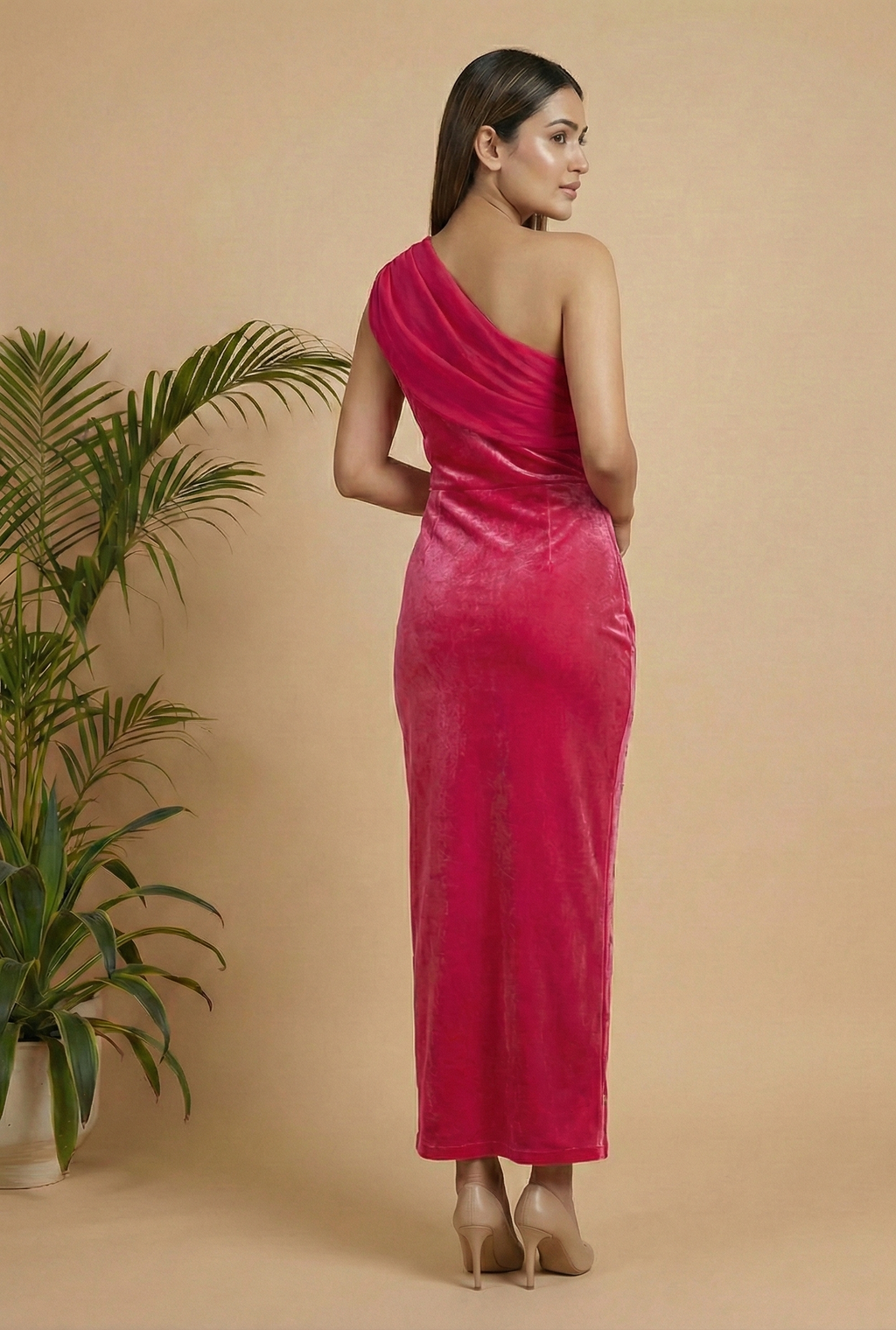 Fuchsia One-Shoulder Velvet Dress
