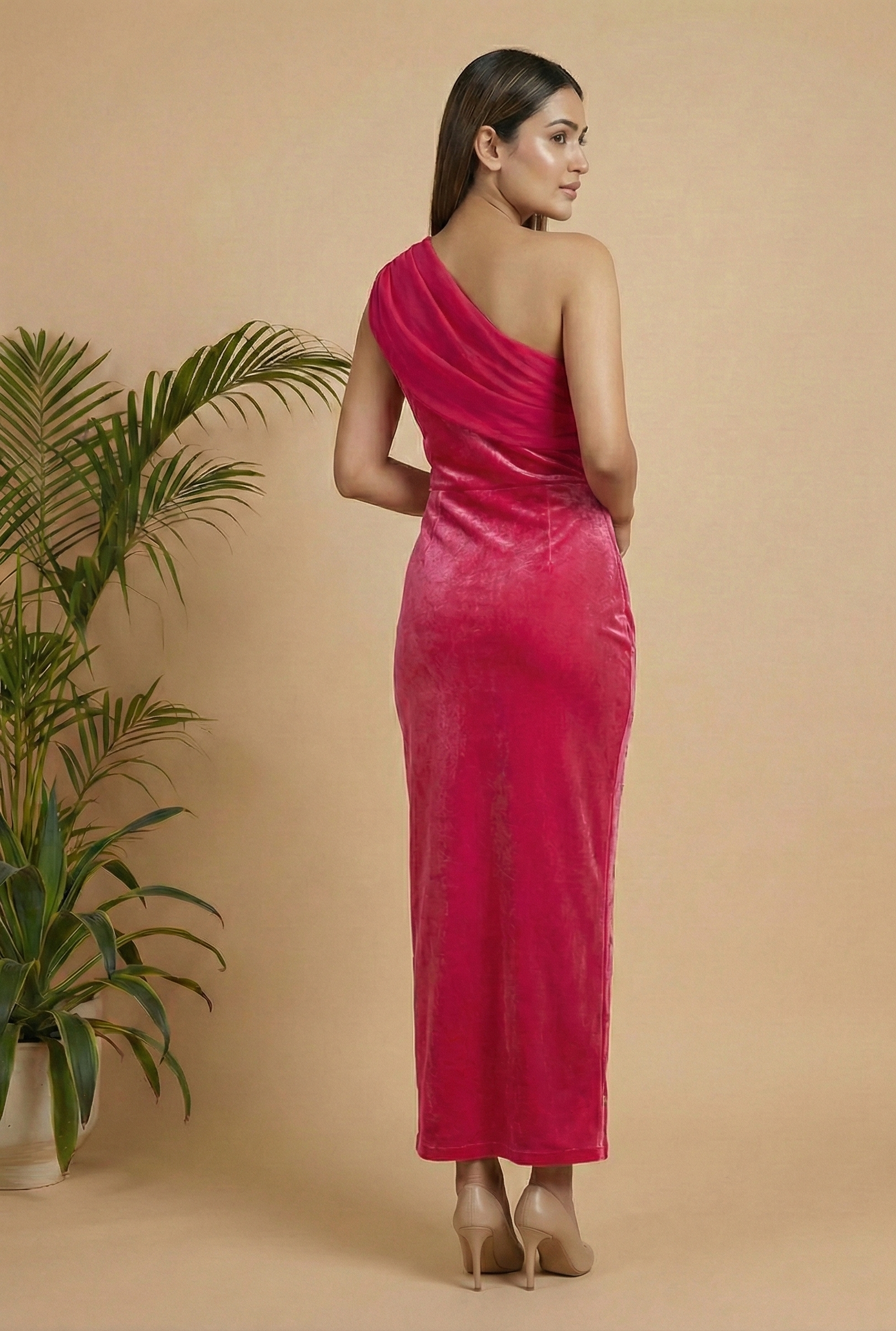 Fuchsia One-Shoulder Velvet Dress