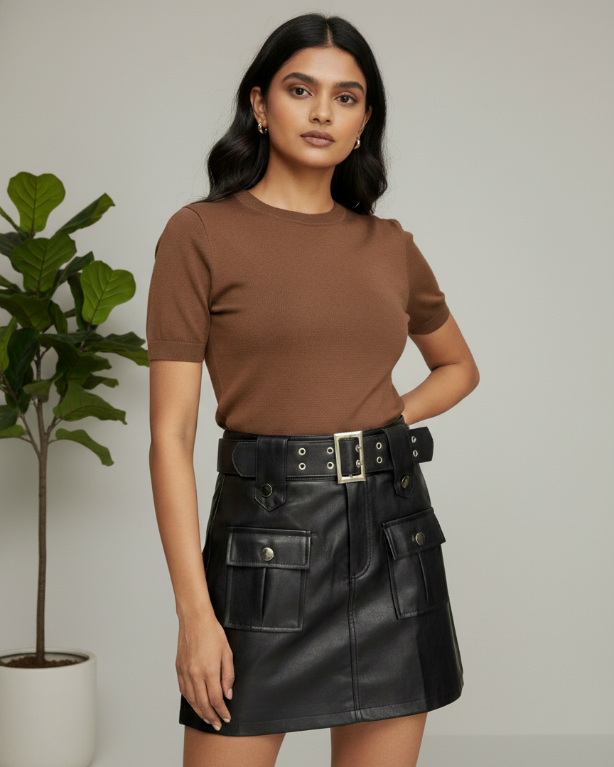 Belted Leather Look Skort for Women – Utility Pockets, Inner Shorts