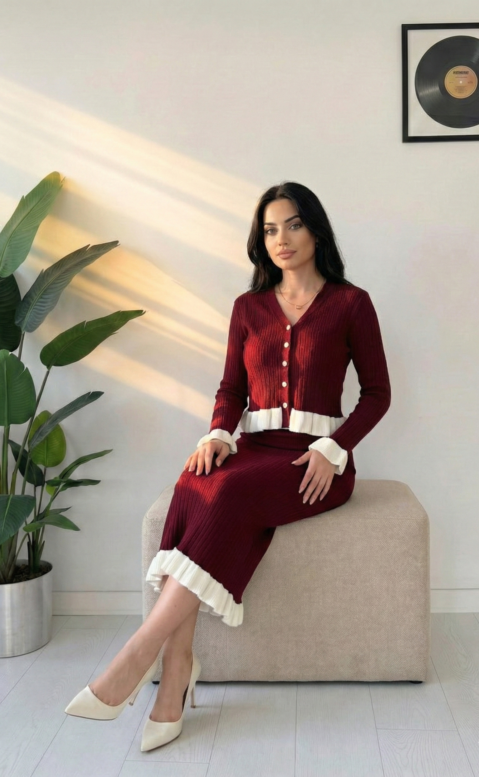 Crimson Ruffle Elegance Ribbed Co-ord Dress Set – Premium Knit Edition