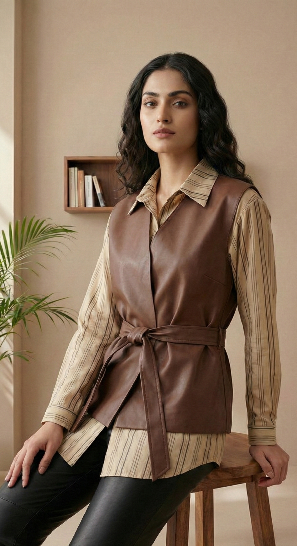 Layered Elegance Shirt & Tie-Up Wrap Leather Top