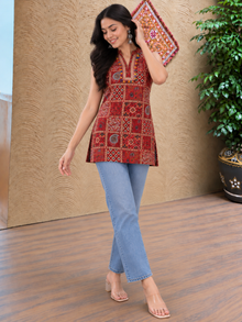 Red Printed Short Kurti with Mandarin Collar