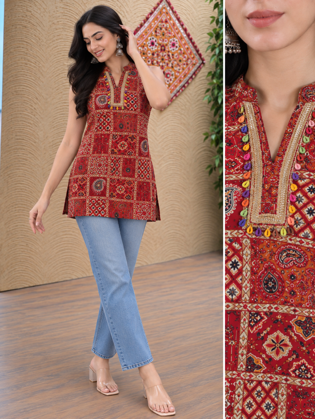 Red Printed Short Kurti with Mandarin Collar