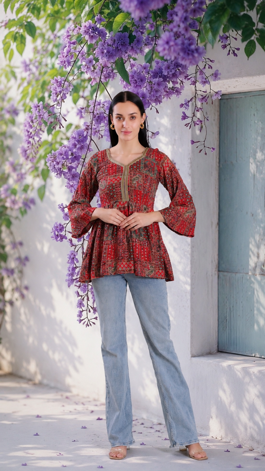 Red Peplum Printed Festive Short Kurti
