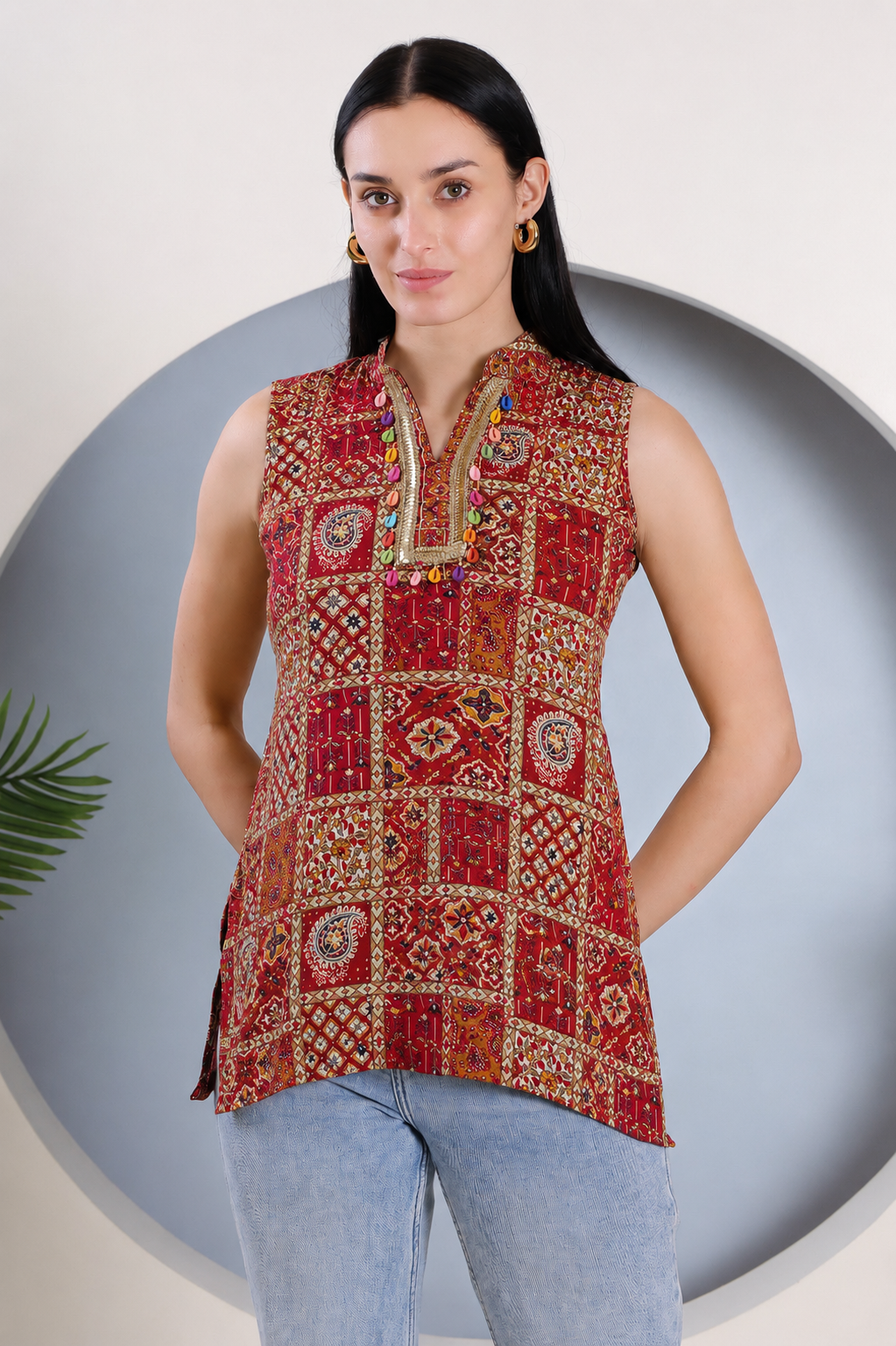 Red Printed Short Kurti with Mandarin Collar