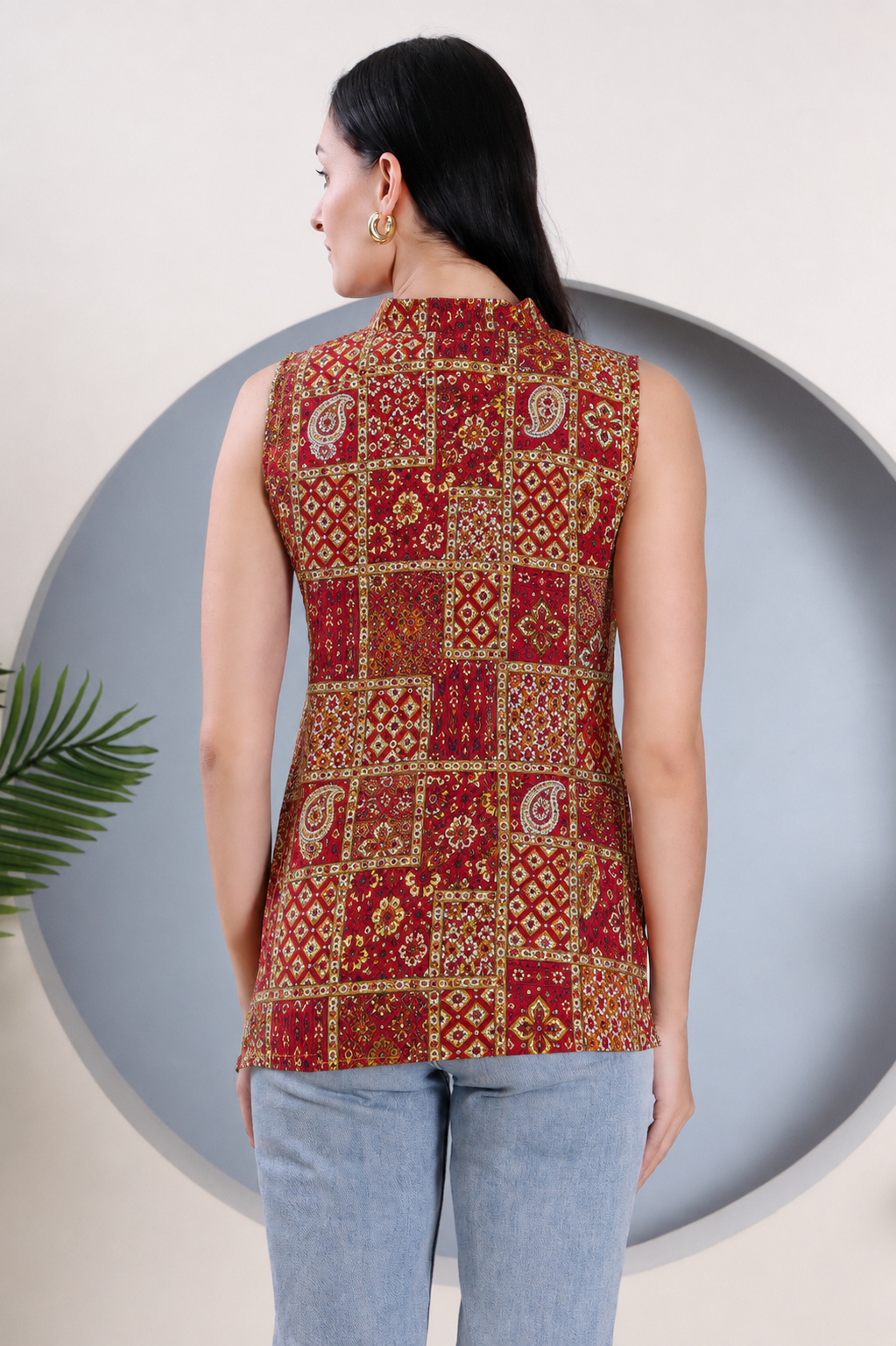 Red Printed Short Kurti with Mandarin Collar