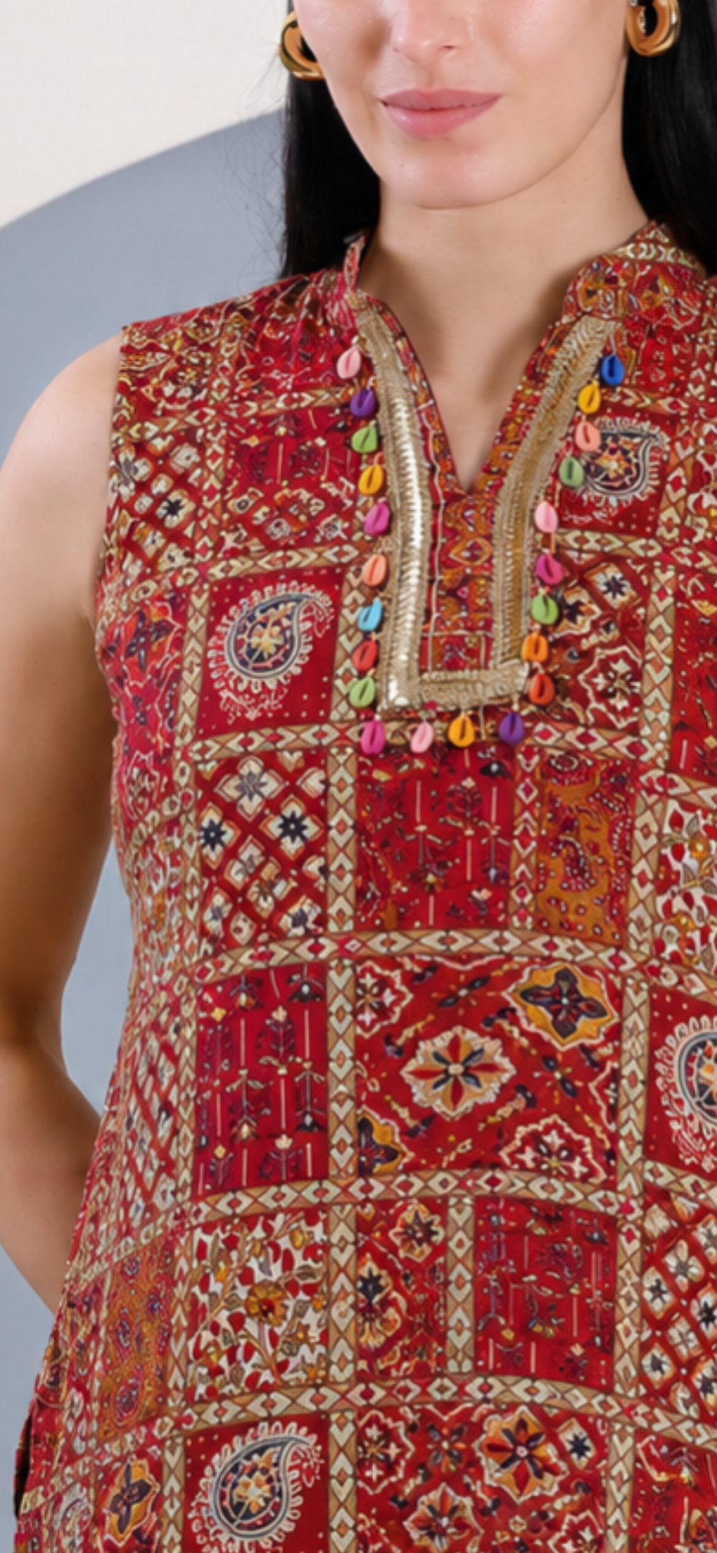 Red Printed Short Kurti with Mandarin Collar