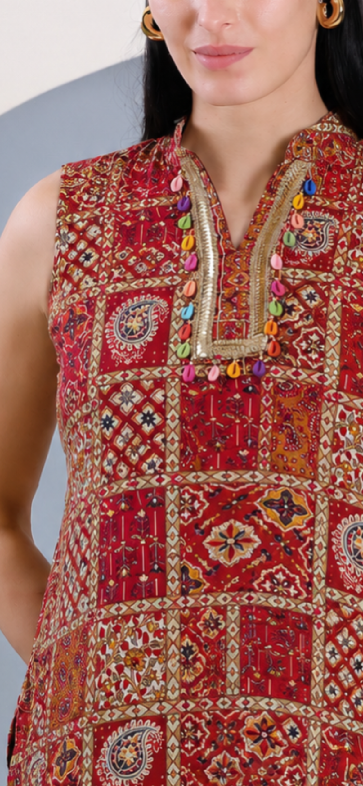 Red Printed Short Kurti with Mandarin Collar