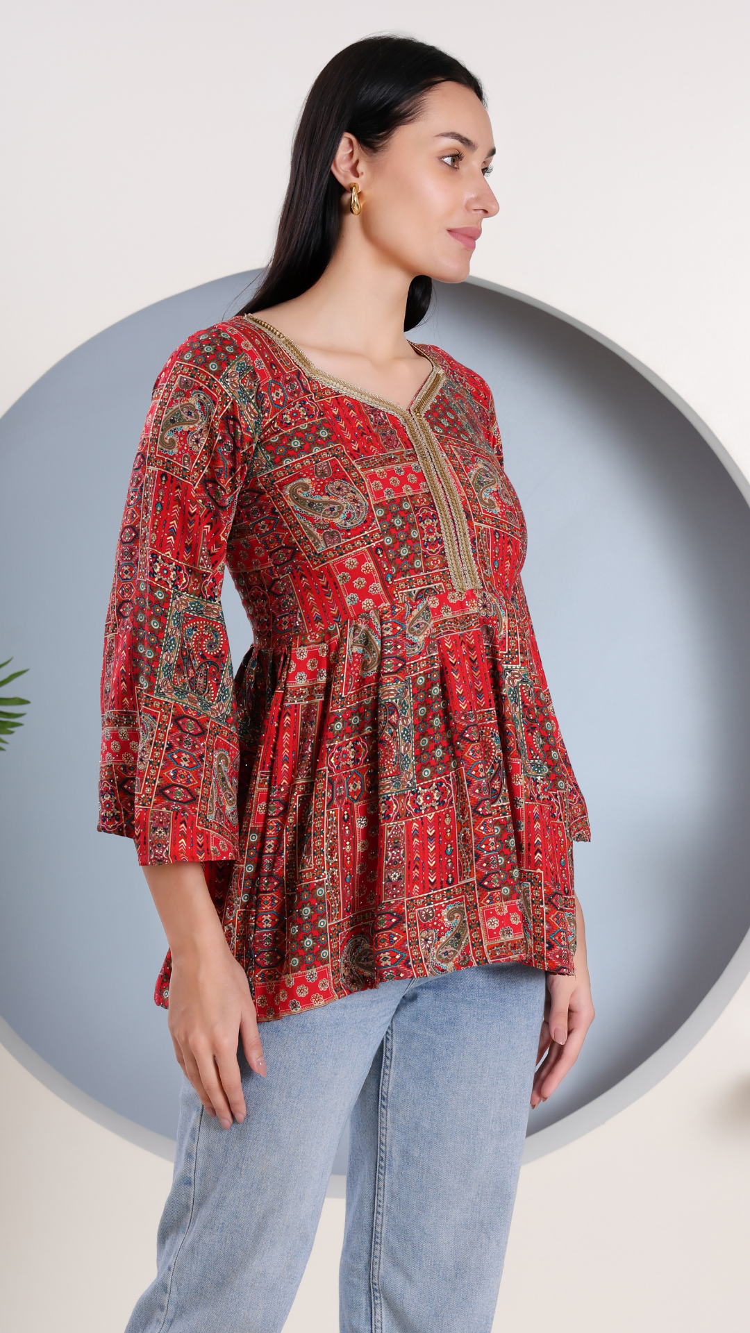 Red Peplum Printed Festive Short Kurti