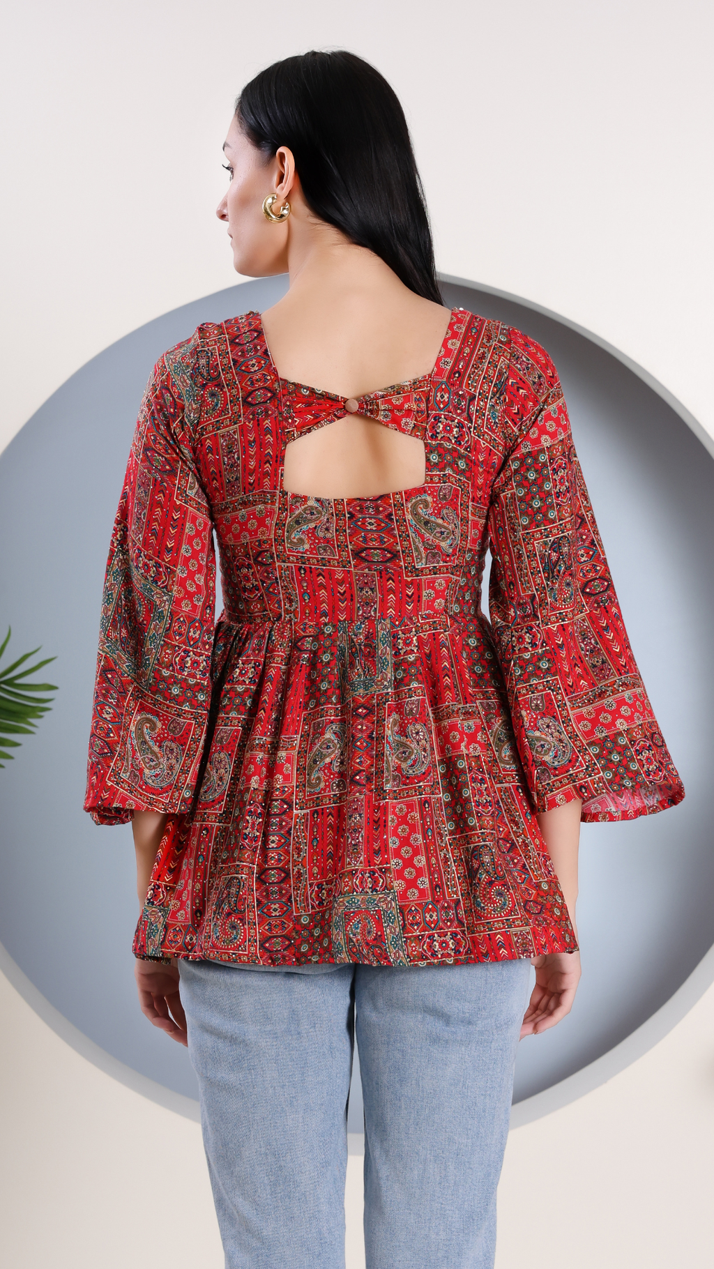Red Peplum Printed Festive Short Kurti