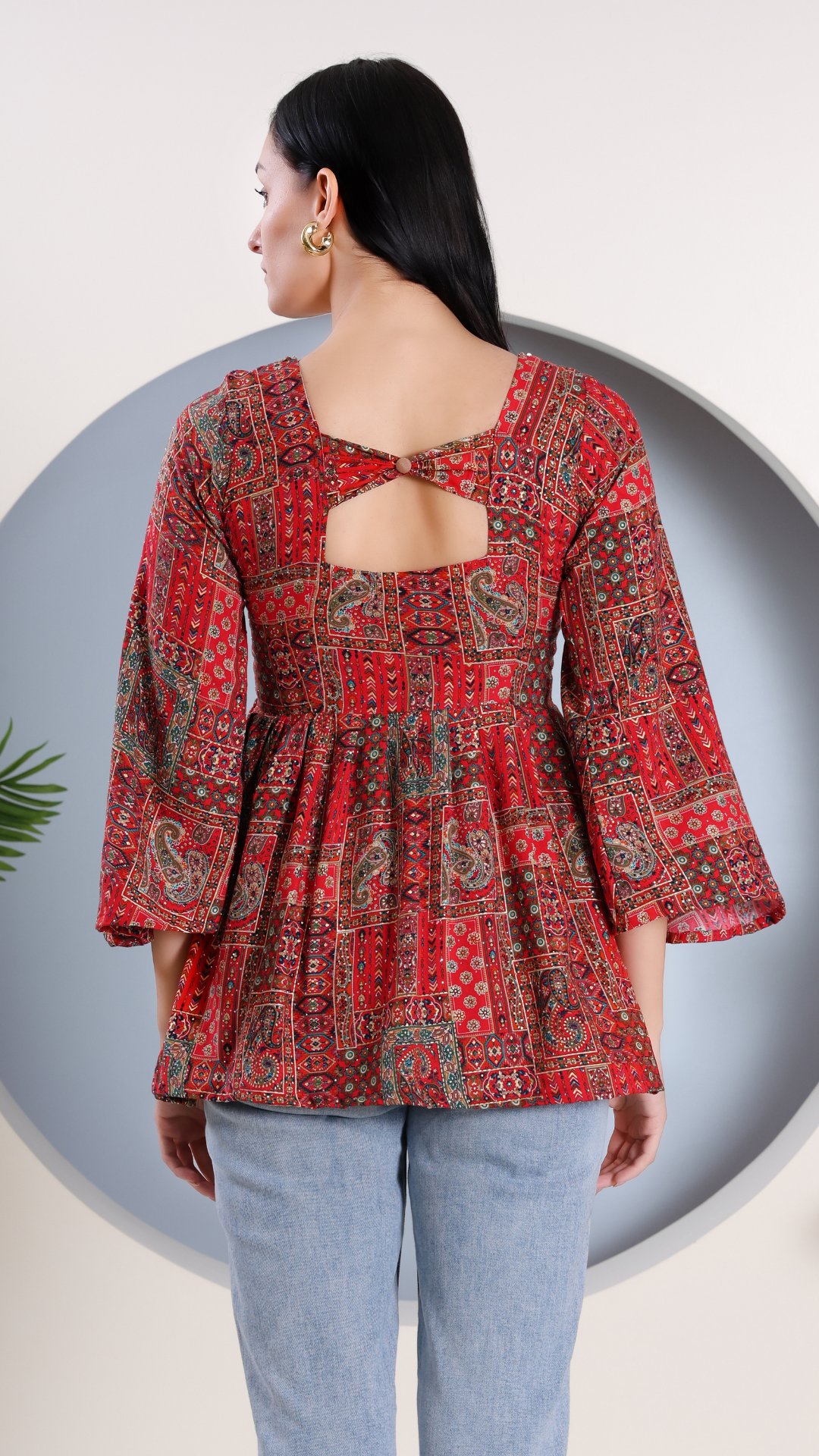 Red Peplum Printed Festive Short Kurti