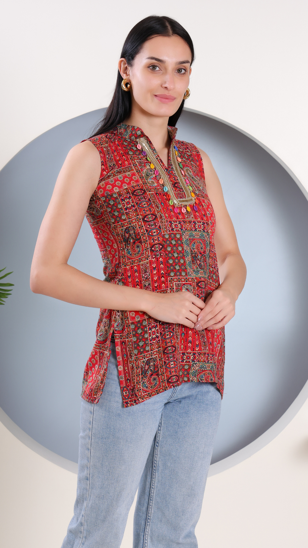 Red Printed Short Kurti with Mandarin Collar