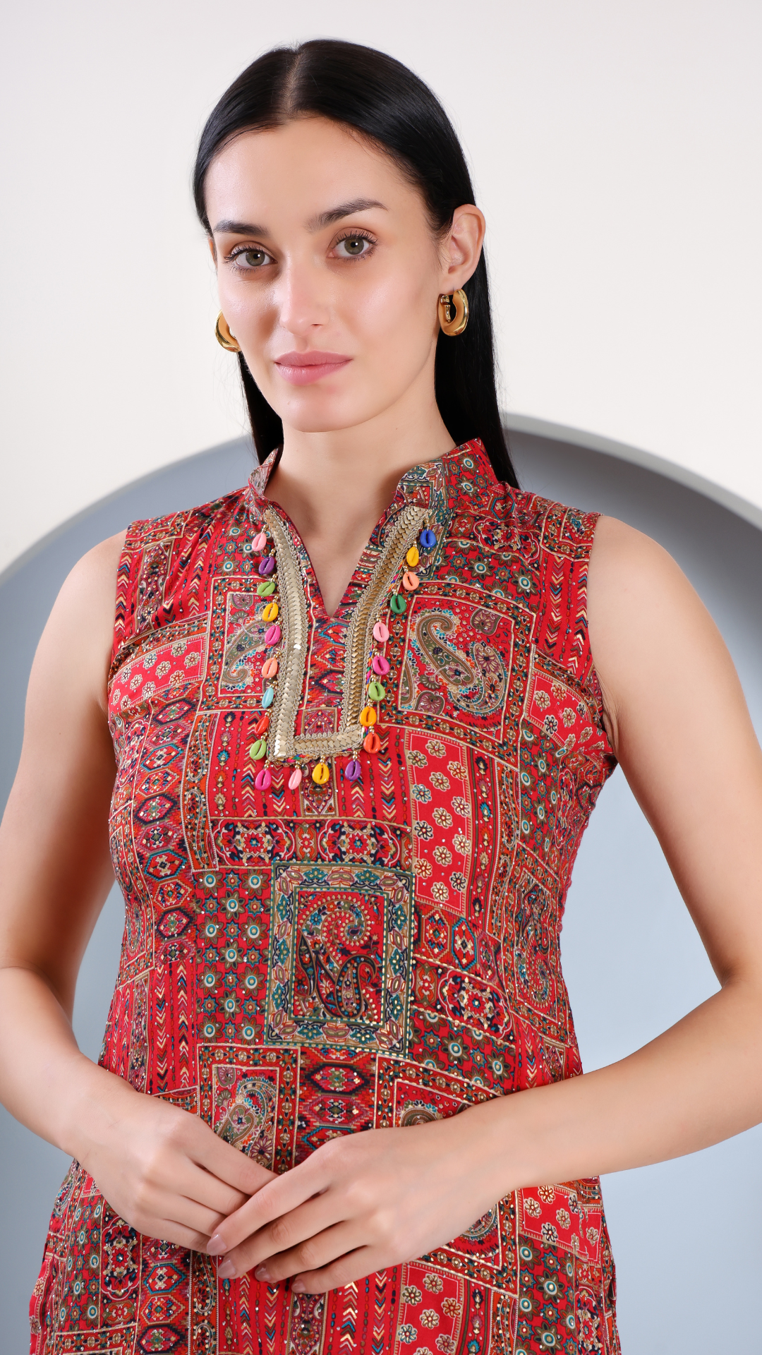 Red Printed Short Kurti with Mandarin Collar