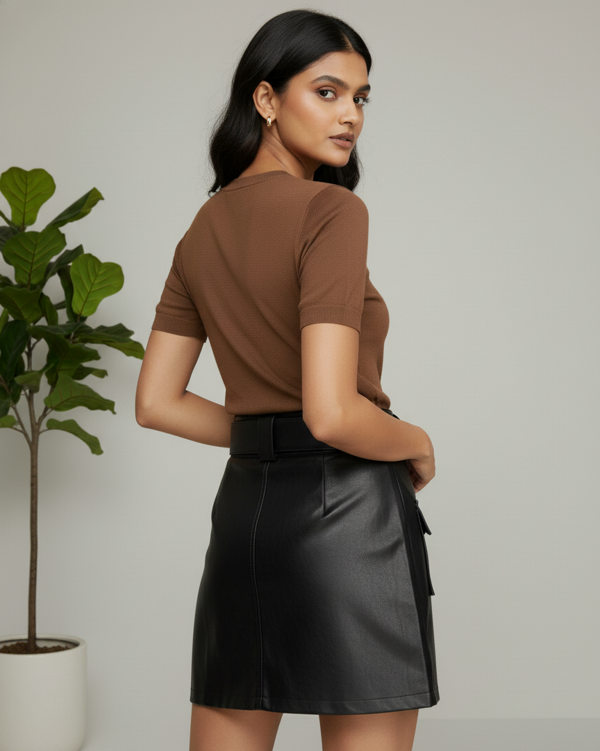 Belted Leather Look Skort for Women – Utility Pockets, Inner Shorts