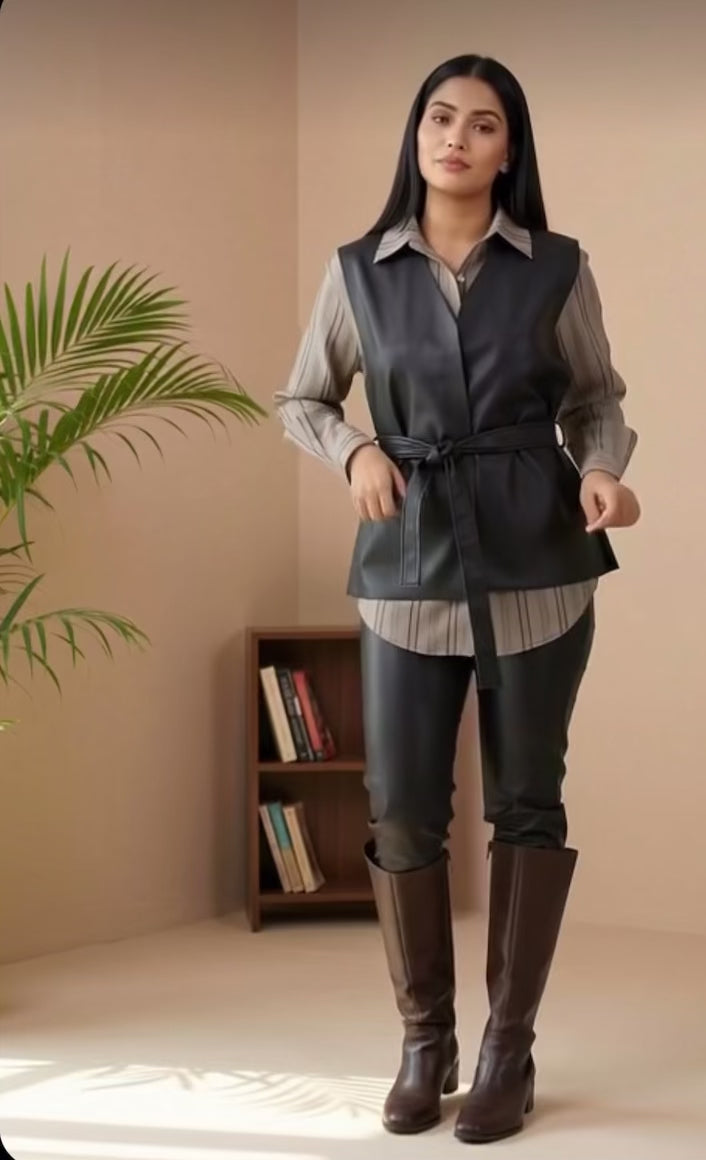 Layered Elegance Shirt & Tie-Up Wrap Leather Top