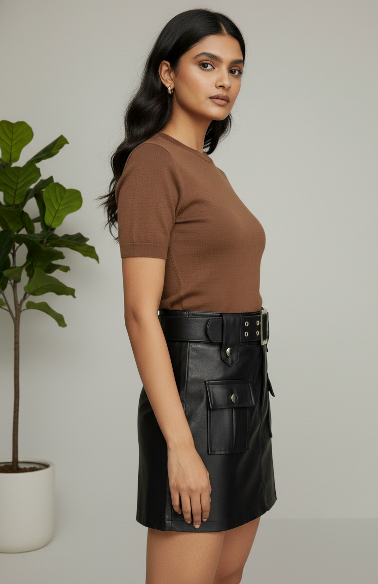Belted Leather Look Skort for Women – Utility Pockets, Inner Shorts